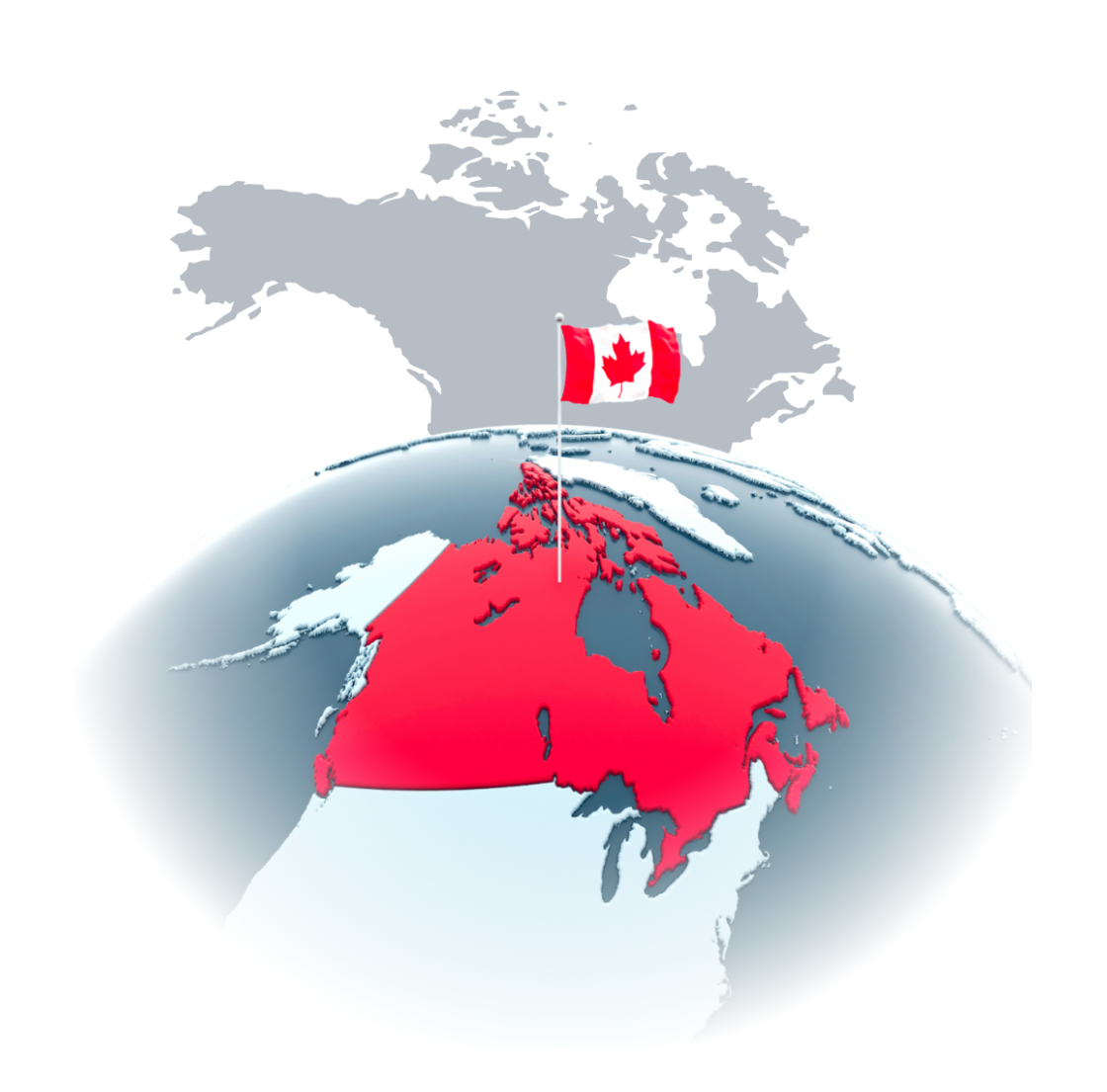 Globe showing Canada highlighted in red with a Canadian flag.
